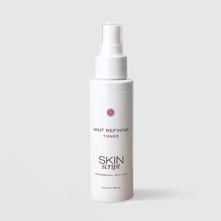 Skin Script Mint Refining Toner in a white spray pump bottle, 3.3 fl oz / 100 ml, on a light gray background