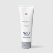 Skin Script Raspberry Scrub gentle and natural exfoliation face scrub in a white tube with gray cap, 4 fl oz / 120 ml, on a light gray background