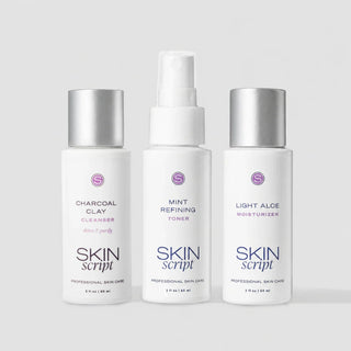 Skin Script Fresh Face Travel Kit – Charcoal Clay Cleanser Mint Toner and Light Aloe Moisturizer 3-piece set for acne-prone skin