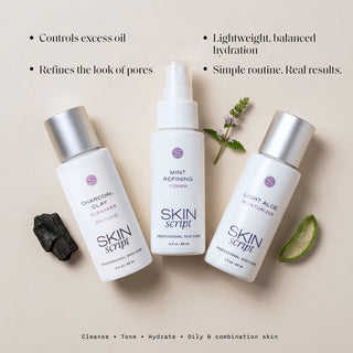 Skin Script Fresh Face Travel Kit bottles with charcoal mint and aloe – oil control routine for oily and combination skin