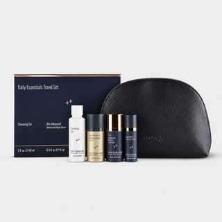 skinbetter science Daily Essentials Kit with navy box, Cleansing Gel, Alto Advanced Serum, Trio Moisture Treatment, Tone Smart SPF 75, and black leather cosmetic bag