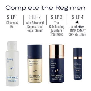 skinbetter science Daily Essentials Kit 4-step regimen showing Cleansing Gel, Alto Advanced Defense and Repair Serum, Trio Rebalancing Moisture Treatment, and sunbetter Tone Smart SPF 75 Lotion