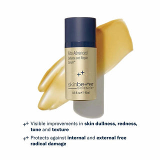 skinbetter science Alto Advanced Defense and Repair Serum 15mL gold bottle with golden serum swatch, improves skin tone texture and protects against free radical damage
