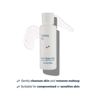 skinbetter science Cleansing Gel 60mL white bottle with clear gel swatch, gently cleanses and removes makeup suitable for sensitive and compromised skin
