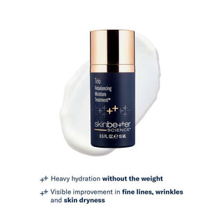 skinbetter science Trio Rebalancing Moisture Treatment 15mL navy bottle with rose gold cap and white cream swatch, reduces fine lines wrinkles and skin dryness