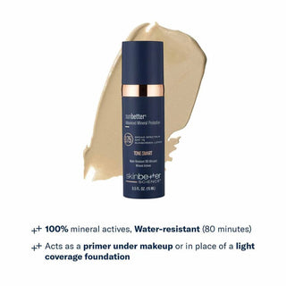 skinbetter science sunbetter Tone Smart SPF 75 Lotion 15mL navy bottle with tinted mineral swatch, 100% mineral actives water-resistant 80 minutes