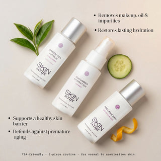 Skin Script Everyday Balance Travel Kit three bottles with green tea and cucumber – 3-piece TSA-friendly routine for combination skin