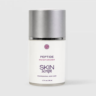 Skincare bottle labeled 'Peptide Moisturizer' by 'Skin Script' on a grey background