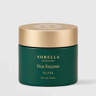 Sorella Apothecary Pear Enzyme Glaze 2 fl oz in a deep green jar with gold embossed lid on a light gray 