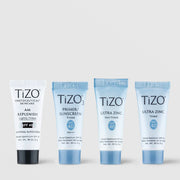 TiZO mineral sunscreen sampler set with four mini tubes including AM Replenish Lightly Tinted TiZO3 Primer Tinted Ultra Zinc Non-Tinted and Ultra Zinc Tinted SPF 40